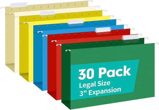 HERKKA Extra Capacity Legal Size Hanging File Folders, 30 Pack Reinforced Legal Size Hanging Folders with Heavy Duty 3 Inch Expansion, Designed for Bulky Files, Medical Charts, Assorted Colors