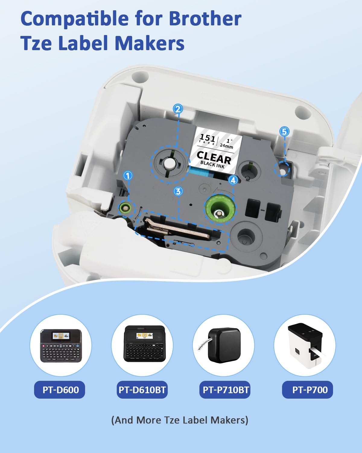 24mm 0.94 Laminated Clear TZe151 TZ Tape Conpatible for Brother TZe-151 P Touch Label TZe Tape 24mm 1 Inch Label Maker Tape for Brother PT-D610BT PT-D600 PT-P710BT PT-P700 PT- P910BT, 4-Pack