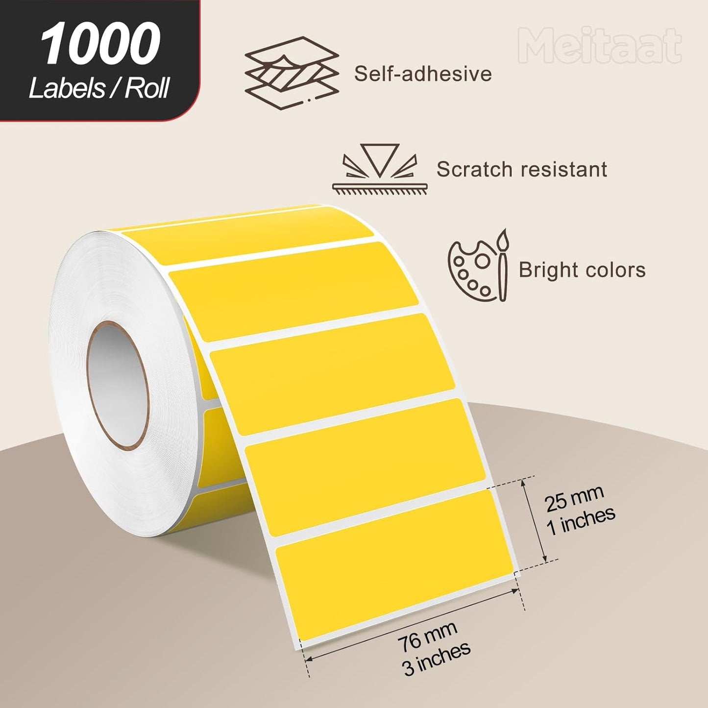3 × 1 Inches Yellow Rectangle Color Coding Labels 1000 PCS, Self-Adhesive Writable Waterproof Vinyl Blank Sticker Roll for Office Home School Business