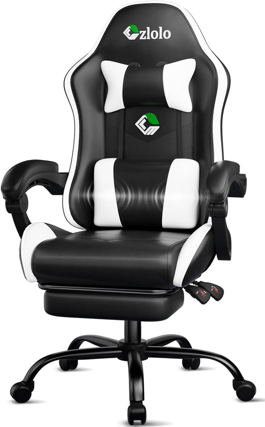 Gaming Chair, Ergonomic Office Computer Chair with Footrest and Lumbar Support Massager Racing Style High Back Video Gamer Chair, Wide＆Thick Cushion, 90°-135° Recline, Adjustable Height, White