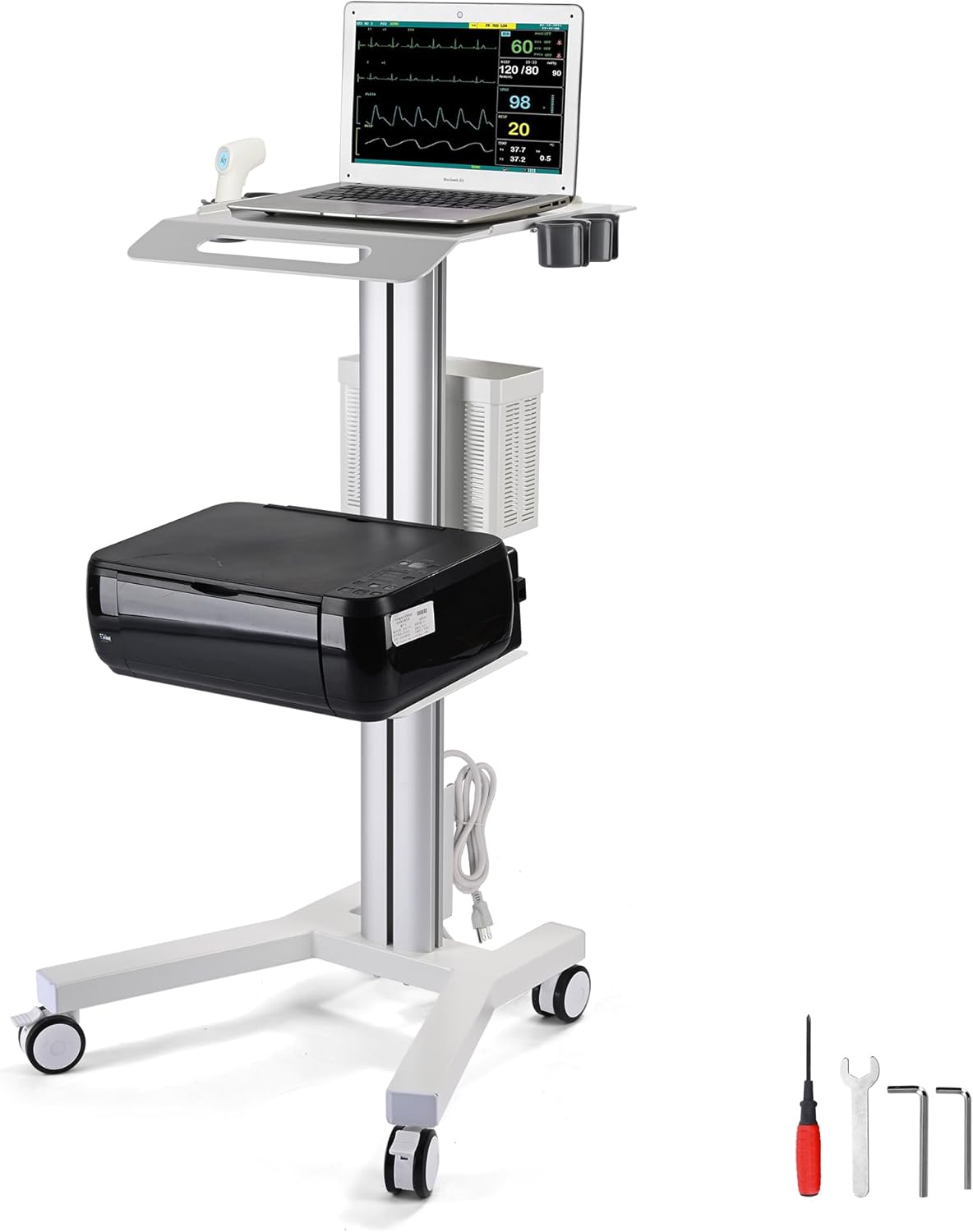 AW Medical Mobile Laptop Cart Rolling PC Stand Ultrasound Imaging Cart Computer Workstation on Wheels with Handle 220 Lbs Capacity CPU Printer Power Strip Holder for Dentistry Clinic Lap Hospital