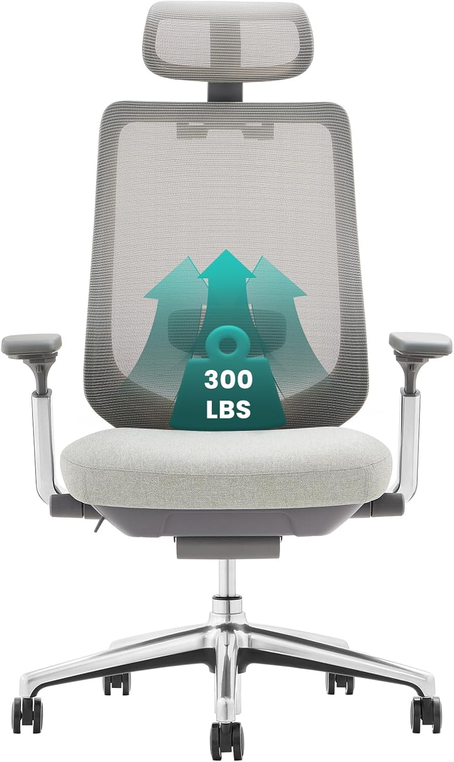 COLAMY Ergonomic Mesh Office Chair, High Back Computer Executive Desk Chair with Adjustable Headrest and 4D Arms, Slide Seat, Tilt Lock-Light Grey