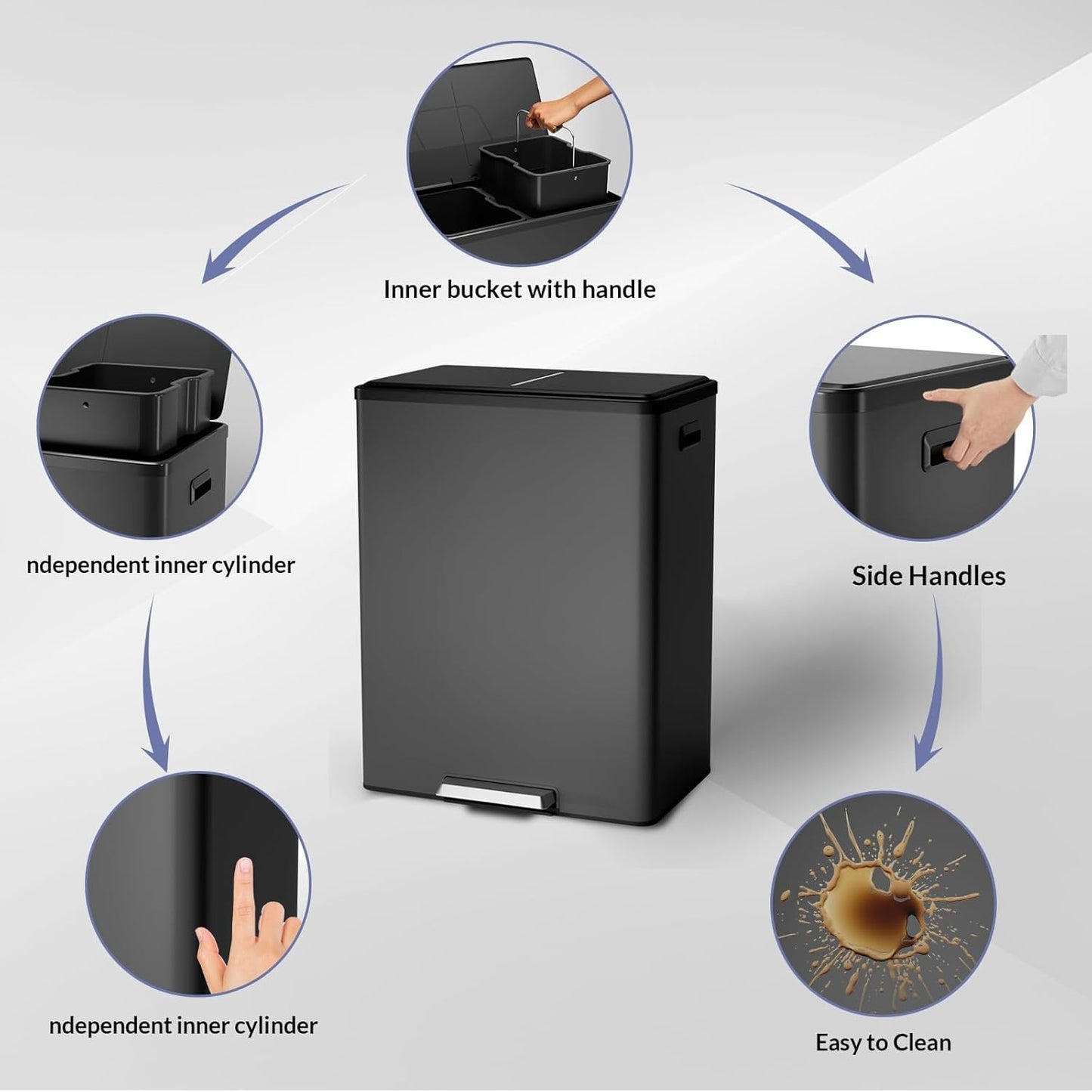 Dual Trash Can with Lid, 16 Gallon/60L Stainless Steel Recycling Trash Bin with 2 Removable Waste Buskets and Wide Pedal, Black Garbage Bin for Home Kitchen