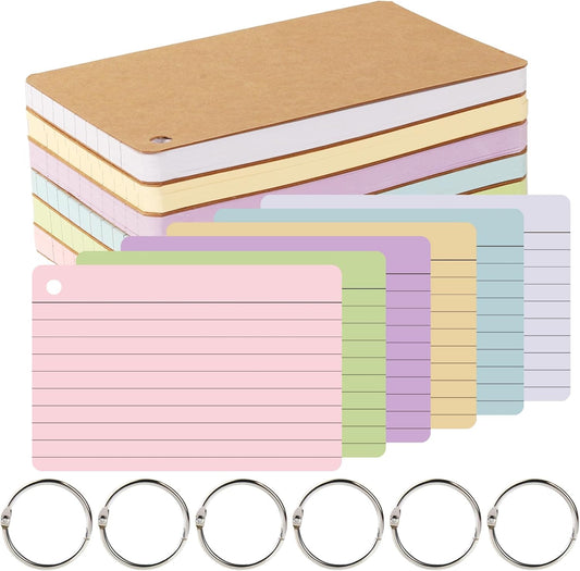 6 Pack Lined Index Cards 4 x 6 Inches, 360 PCS Colored Ruled Index Flashcards Lined Flash Cards with Rings, Note Cards Punched for Study, Office and Home