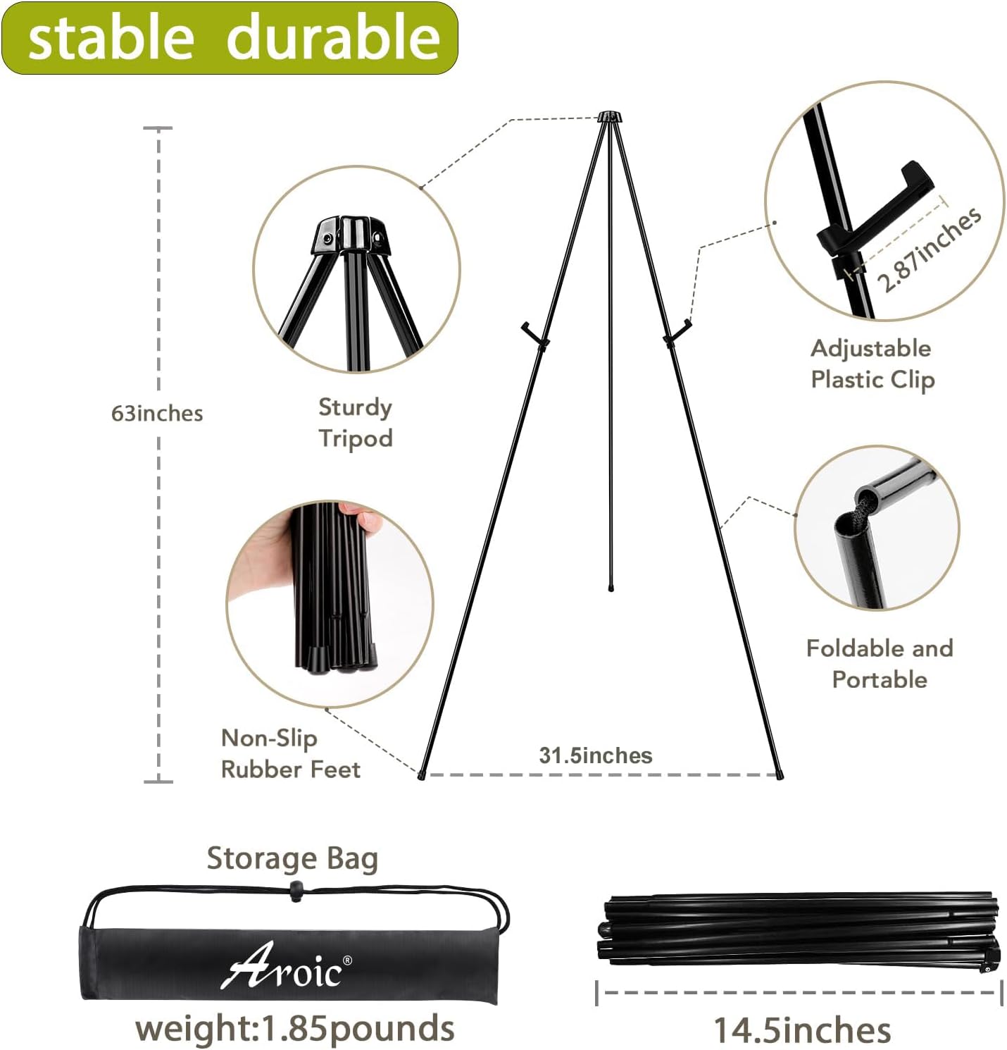 AROIC 63" Easel Stand for Display, 3 Pack Portable Foldable Metal Easel, Easels for Signs Wedding Logos,Arts, Painting,Adjustable Floor Easels with 3 Storage Bag