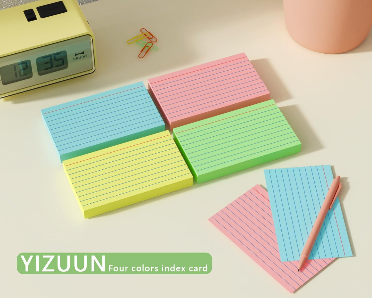 Colored Index Cards 3x5, 200 Pack, Ruled Index Cards, Flash Cards for Studying, Heavy Note Cards for Office, Home and School，Four Colors, Each Color Individually Wrapped, 50 Pack Per Package