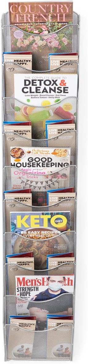 Displays2go Single & Multi-Tiered Metal Mesh Literature Wall Rack, 10-20 Pockets - Silver (MSHWL10SLV)