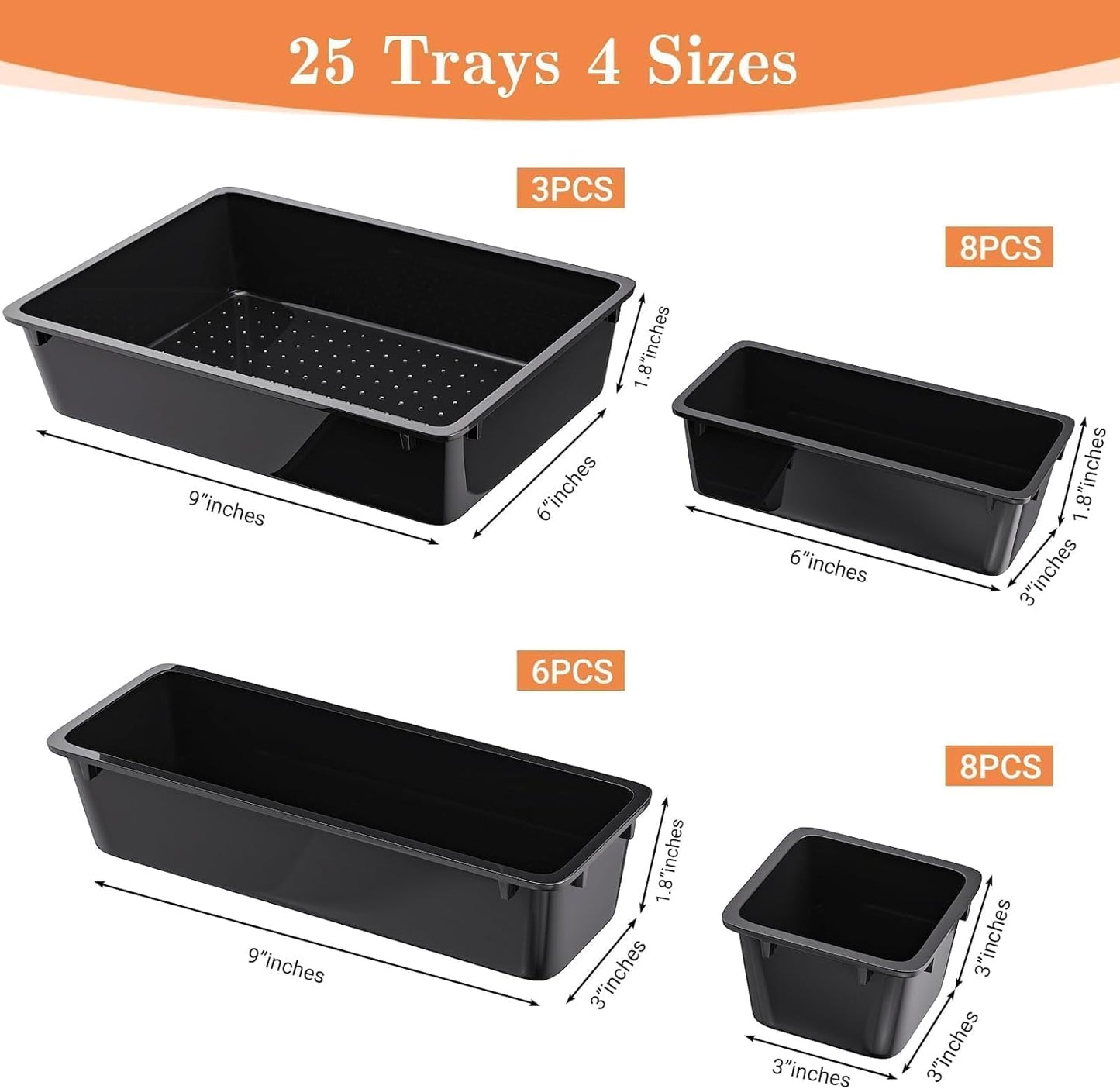 25 PCS Plastic Drawer Organizer Set, 4-Size Versatile Organizer Trays & storage Bins for Makeup, Jewelry, and Gadgets in Bathroom, Bedroom and Office, Black