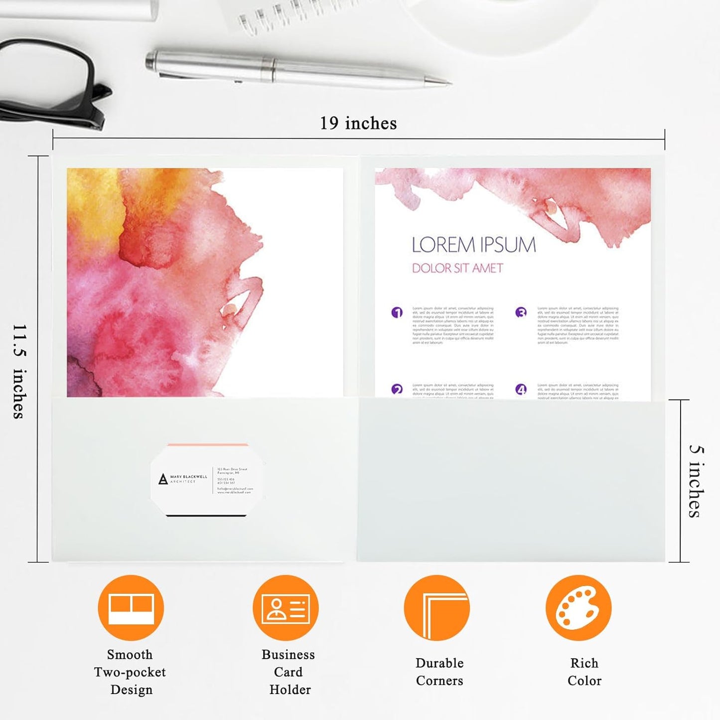 25Pcs White File Folders with Pockets and Business Card Holder,2 Pocket Folders for School,Home or Office,Durable Heavy Duty File Folders