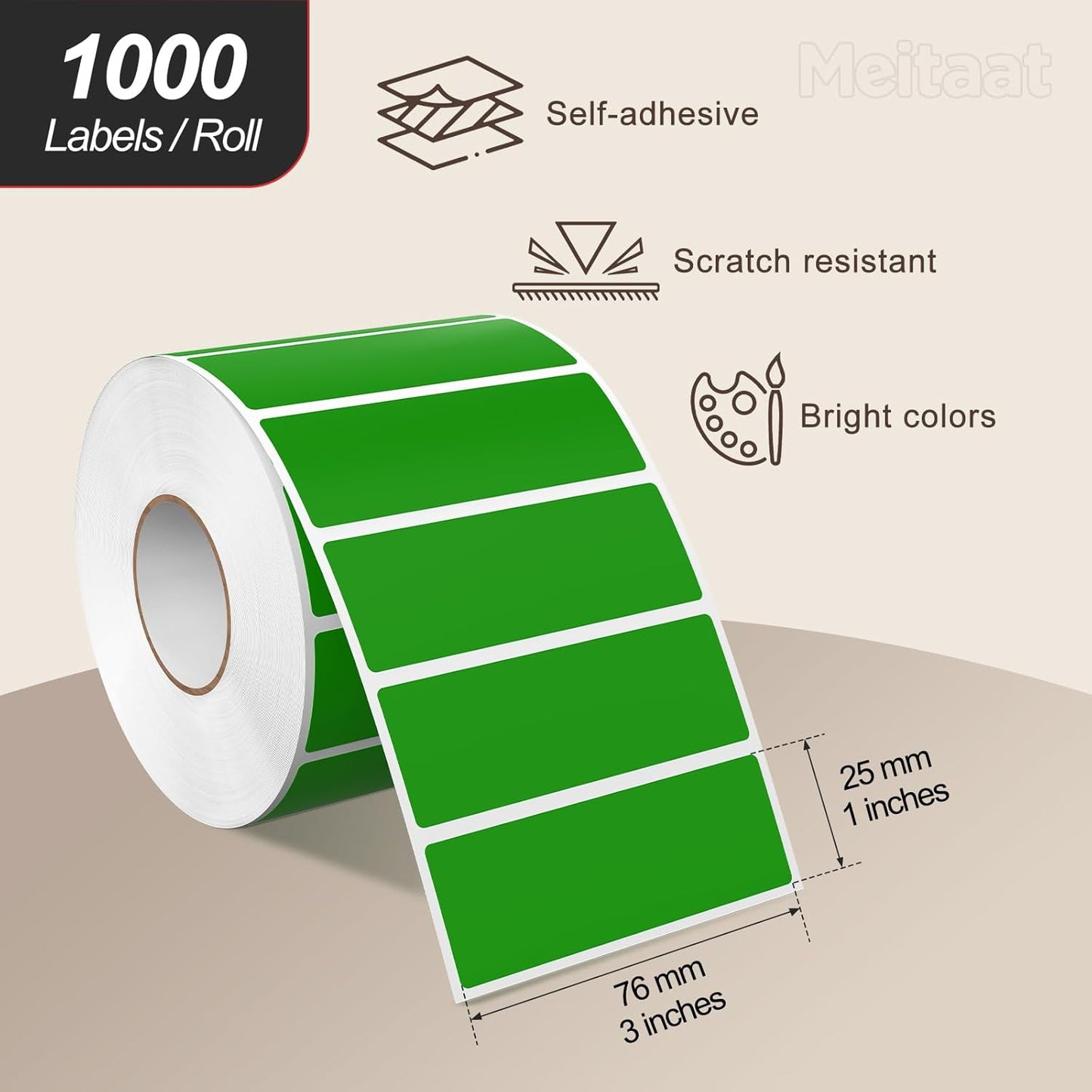 3 × 1 Inches Green Rectangle Color Coding Labels 1000 PCS, Self-Adhesive Writable Waterproof Vinyl Blank Sticker Roll for Office Home School Business