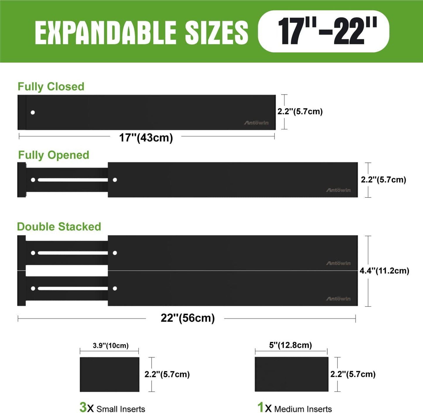 ANTOWIN 10pack Bamboo Drawer Dividers, Expandable Drawer Separators Splitter, 17-22 inches Adjustable Spring-loaded Organizer for Large Utensil, Clothes, Tools Drawers(Black)