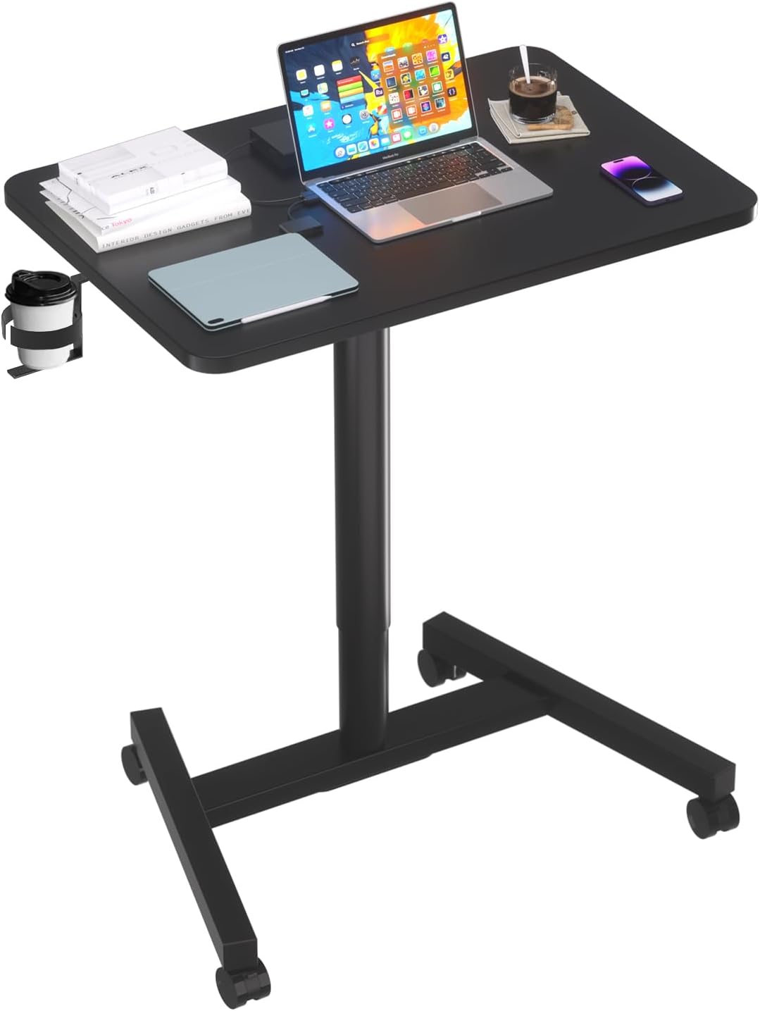 28-Inch Mobile Standing Desk Adjustable Height with Cup Holder, Portable Standing Desk with Lockable Wheels, Rolling Table for Home Office Classroom Hospital (Jet - Black)
