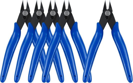 HongWay 5pcs Micro Flush Cutters With Internal Spring, 5 Inches Blue - Side and Diagonal Cutters for Electronics, Heating Wire, Model Sprue, Soft Copper Wire Snips