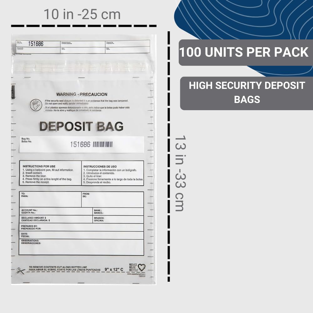 Clear Plastic Deposit Bags 10"x13" | Secure Bank Deposits, Cash Handling or Safe Currency Transportation | Sequential Barcodes | Tamper-Evident | Tear-Off Receipt for Security | 100-Pack