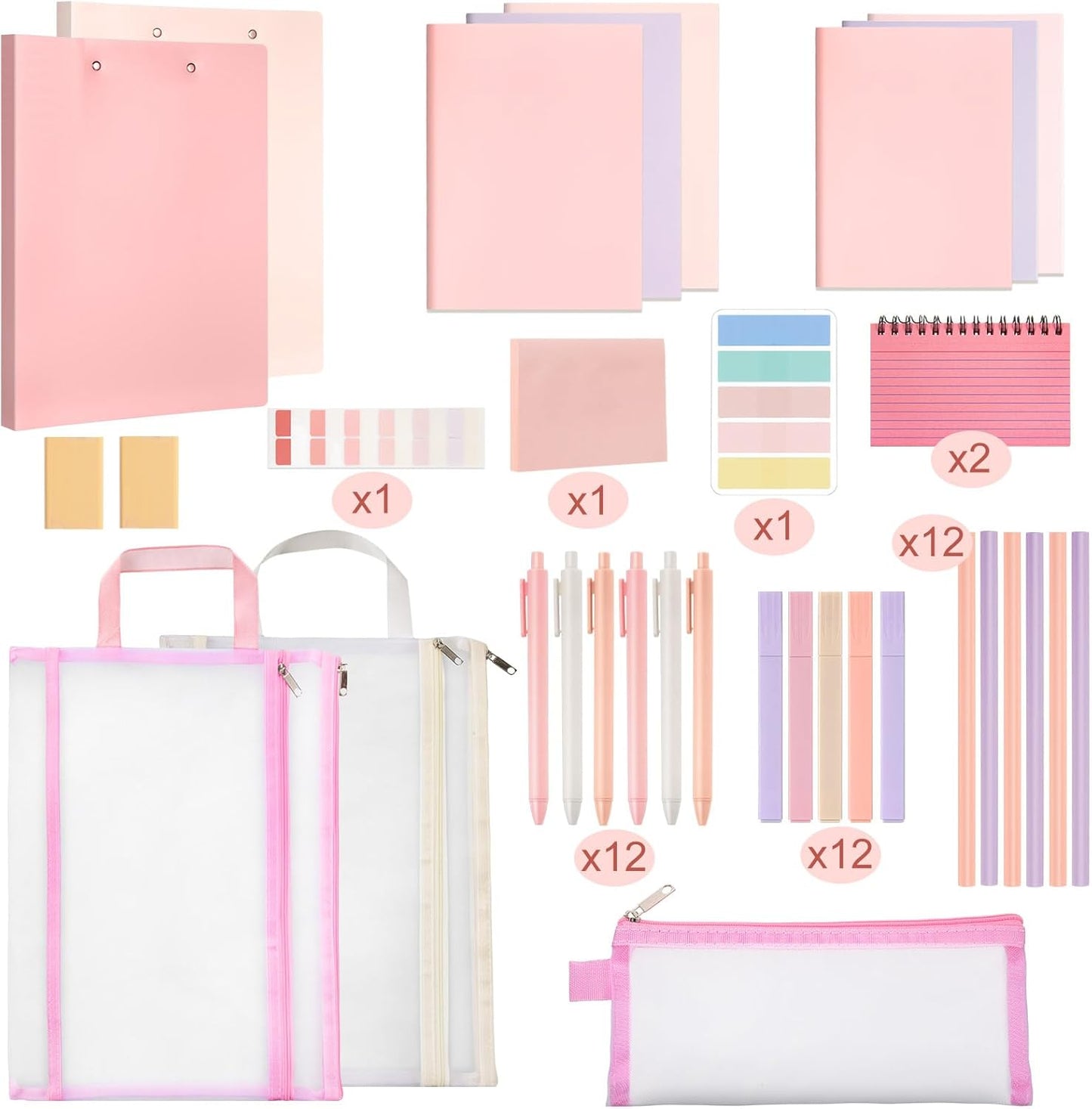 Colarr 54 Pieces Aesthetic School Supplies Including Pastel Highlighters Document Bags Pencils Notebooks Pencil Pouch Ink Pens Sticky Notes Erasers Back to School Gift Stationary Kit (Pink)