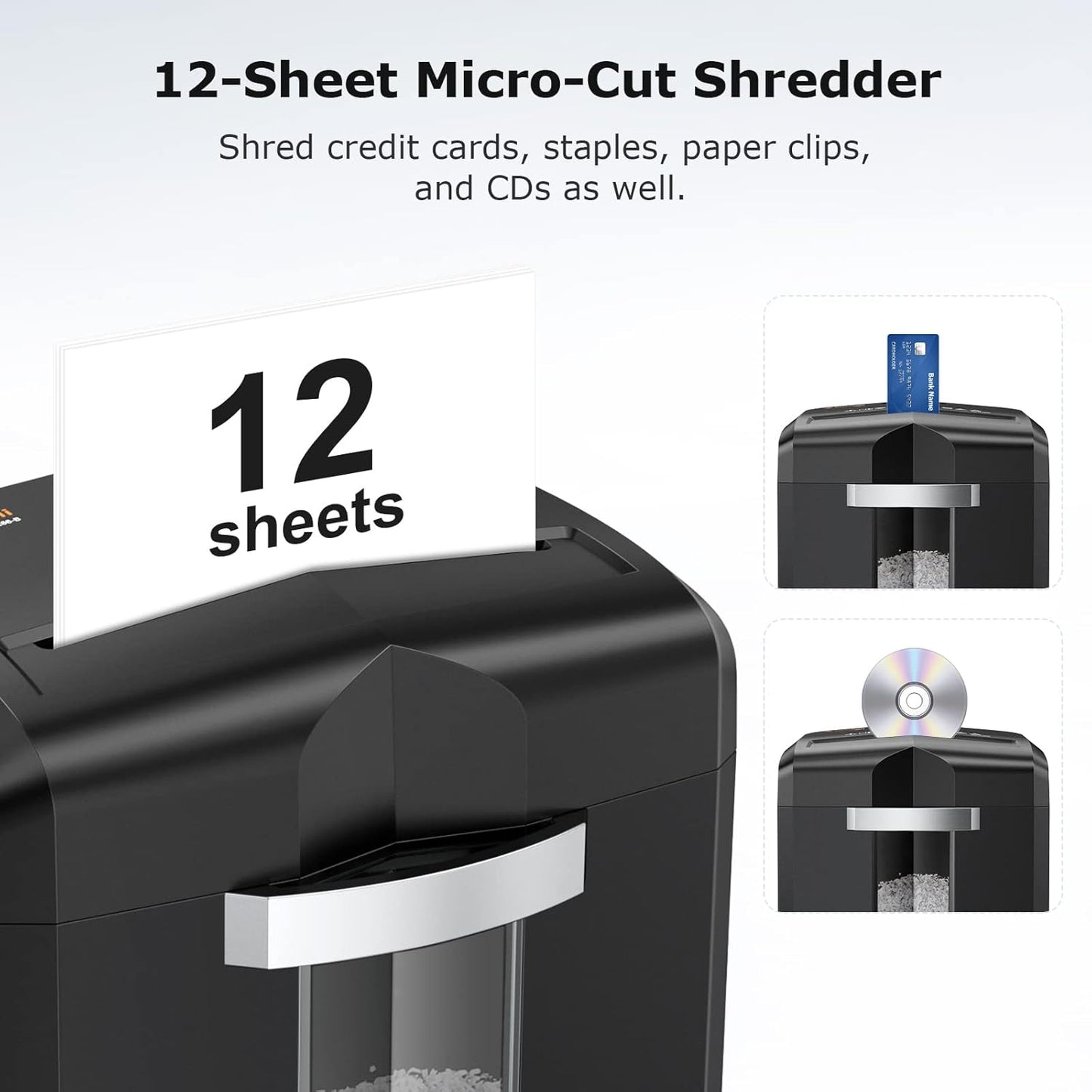 Bonsaii 12-Sheet Micro Cut Shredders for Home Office, 60 Minute P-4 Security Level Paper Shredder for CD, Credit Card, Mails, Staple, Clip, with Jam-Proof System & 4.2 Gal Pullout Bin C266-B