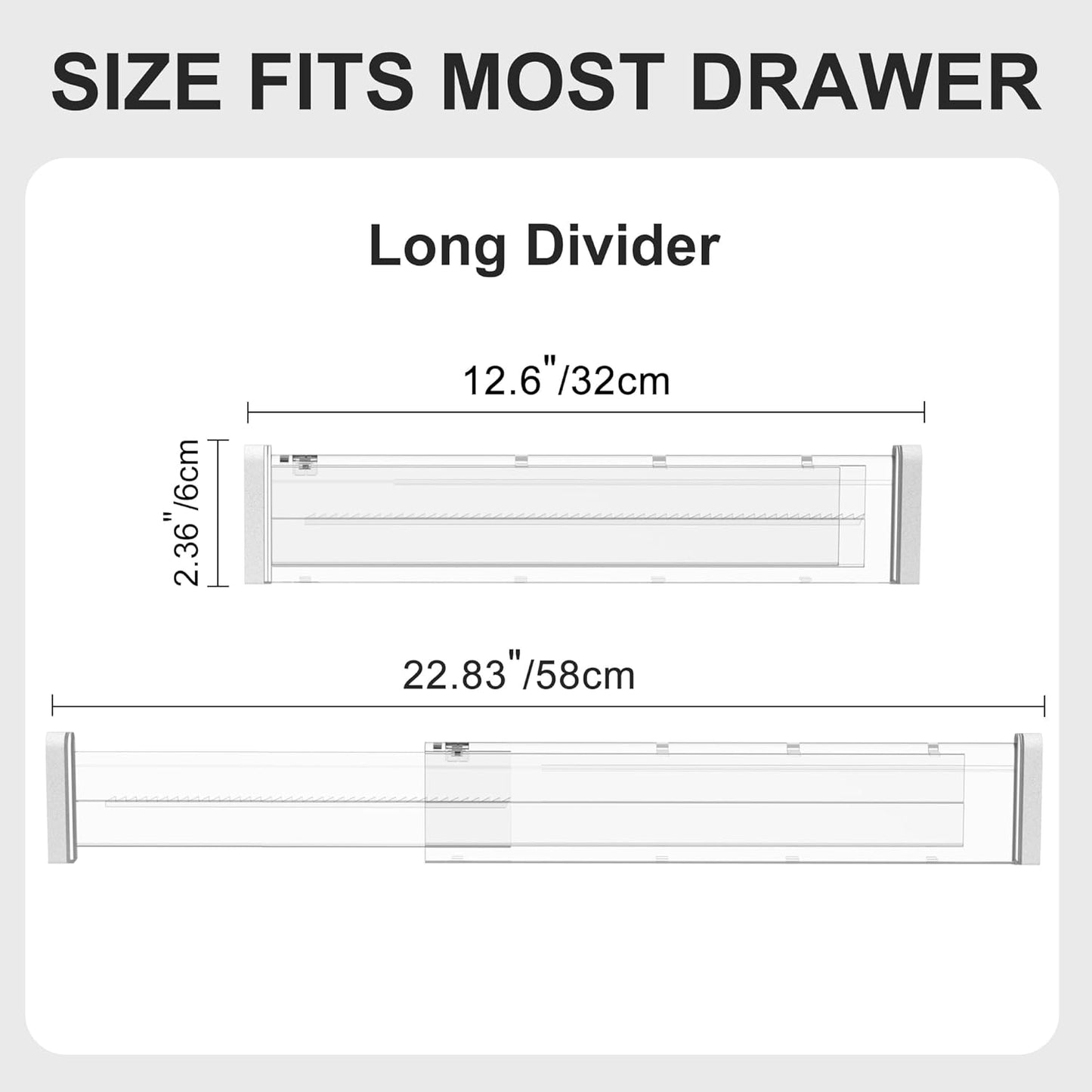 HiYZ Expandable Drawer Dividers - 12.6-22.8'' Adjustable Drawers Organizers for Kitchen Utensils, Drawer Separators in Bedroom, Dresser, Office, Bathroom, Fridge, 5 Pack Long Dividers-Clear