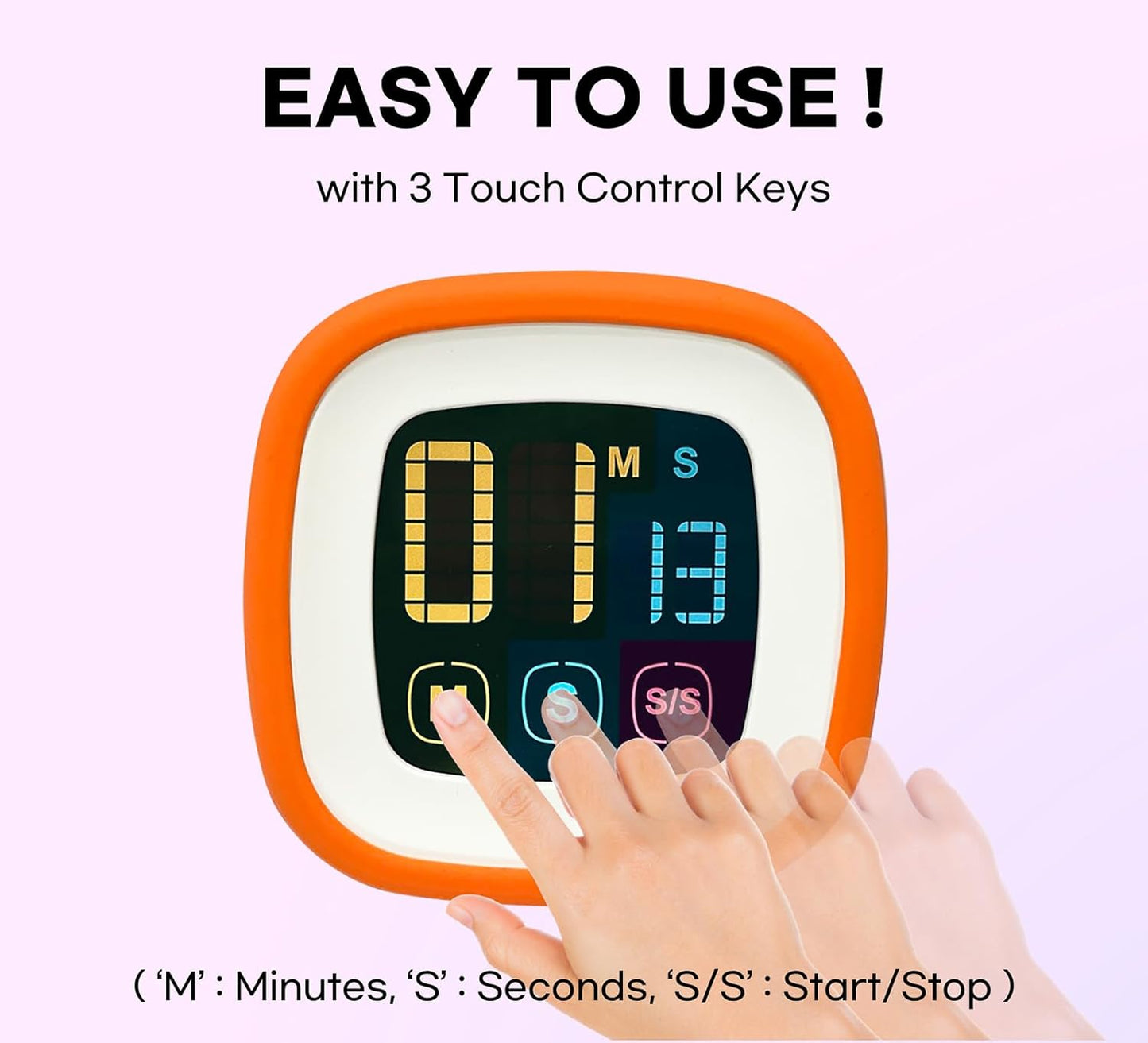 Digital Kitchen Timer, Countdown, Countup, Protective Rubber case, Large Display with Color Bold Digits, Touch Control, Backlit, Magnetic Kickstand, Loud Alarm, Auto Memory (Orange)