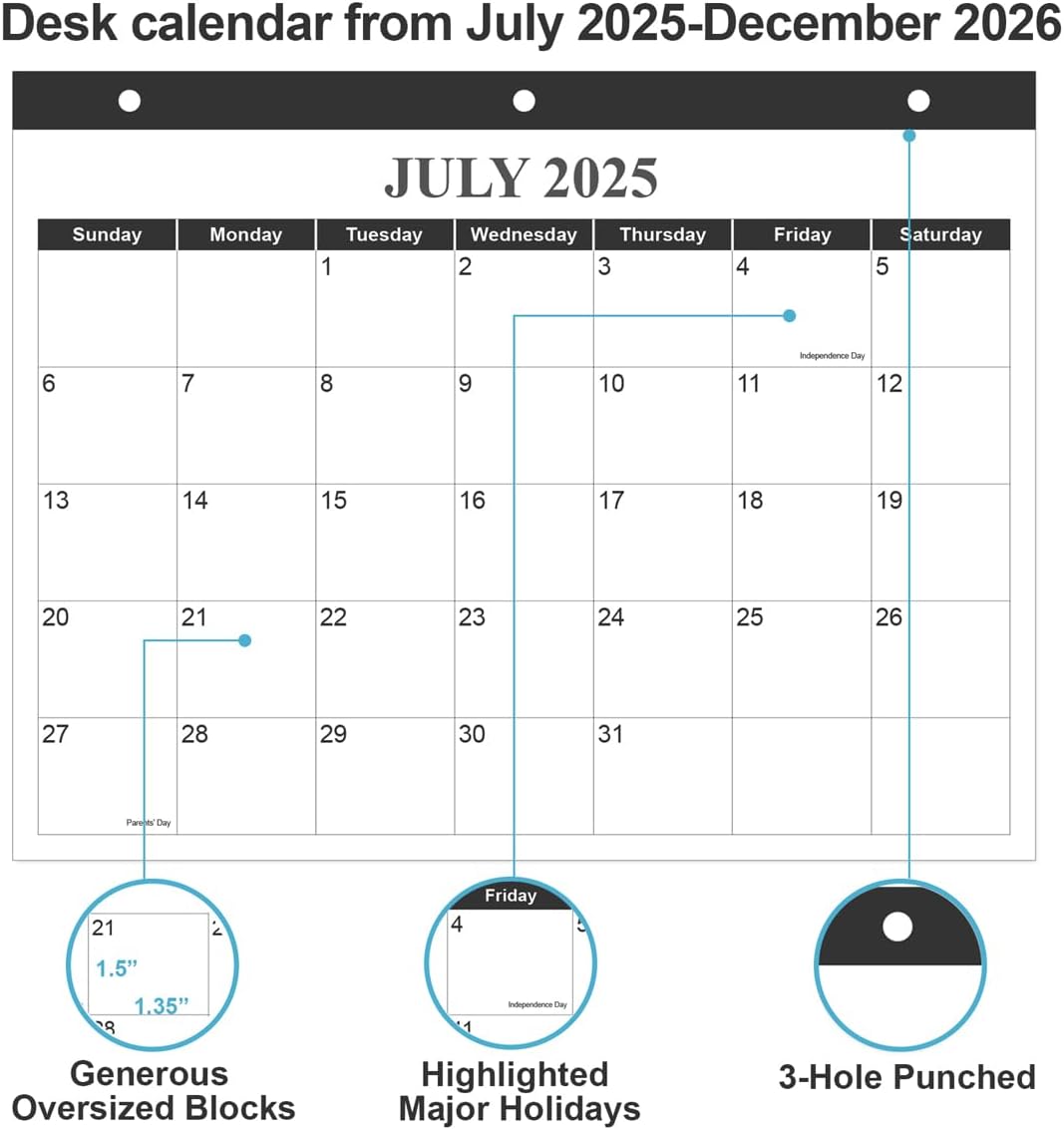 Calendar 2025-2026 for 3 Ring Binder - Wall Calendar from July 2025 - December 2026, 18 Months Calendar with Premium Paper, 3-Hole Calendar/Planner 2025-2026, 8.5" x 11", Black
