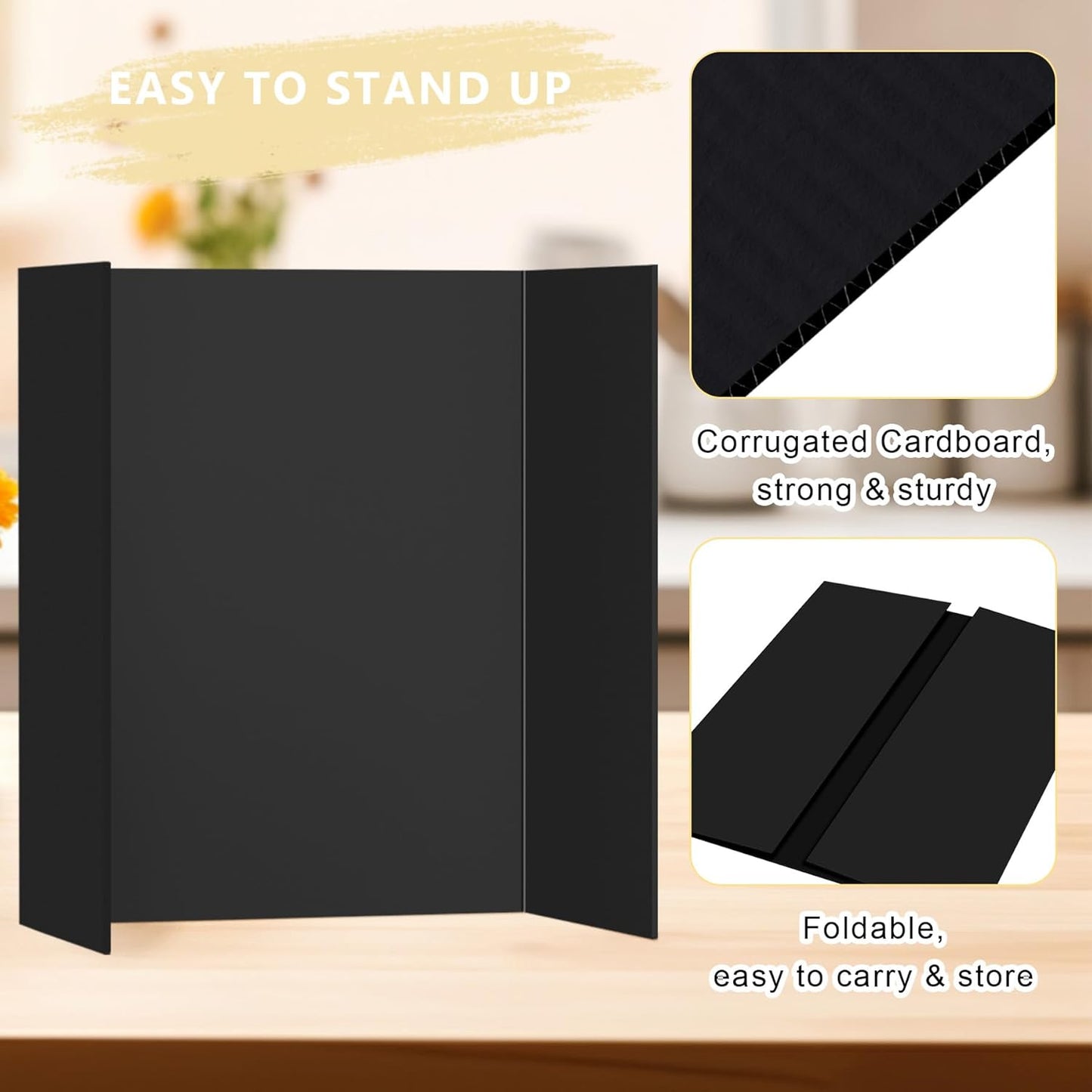 HAUTOCO 4 Pcs Medium Trifold Poster Board 26 x 15.74 inches Tri Fold Presentation Boards Black Corrugated Cardboard for Science Fair, School Project, Event Displays, Business