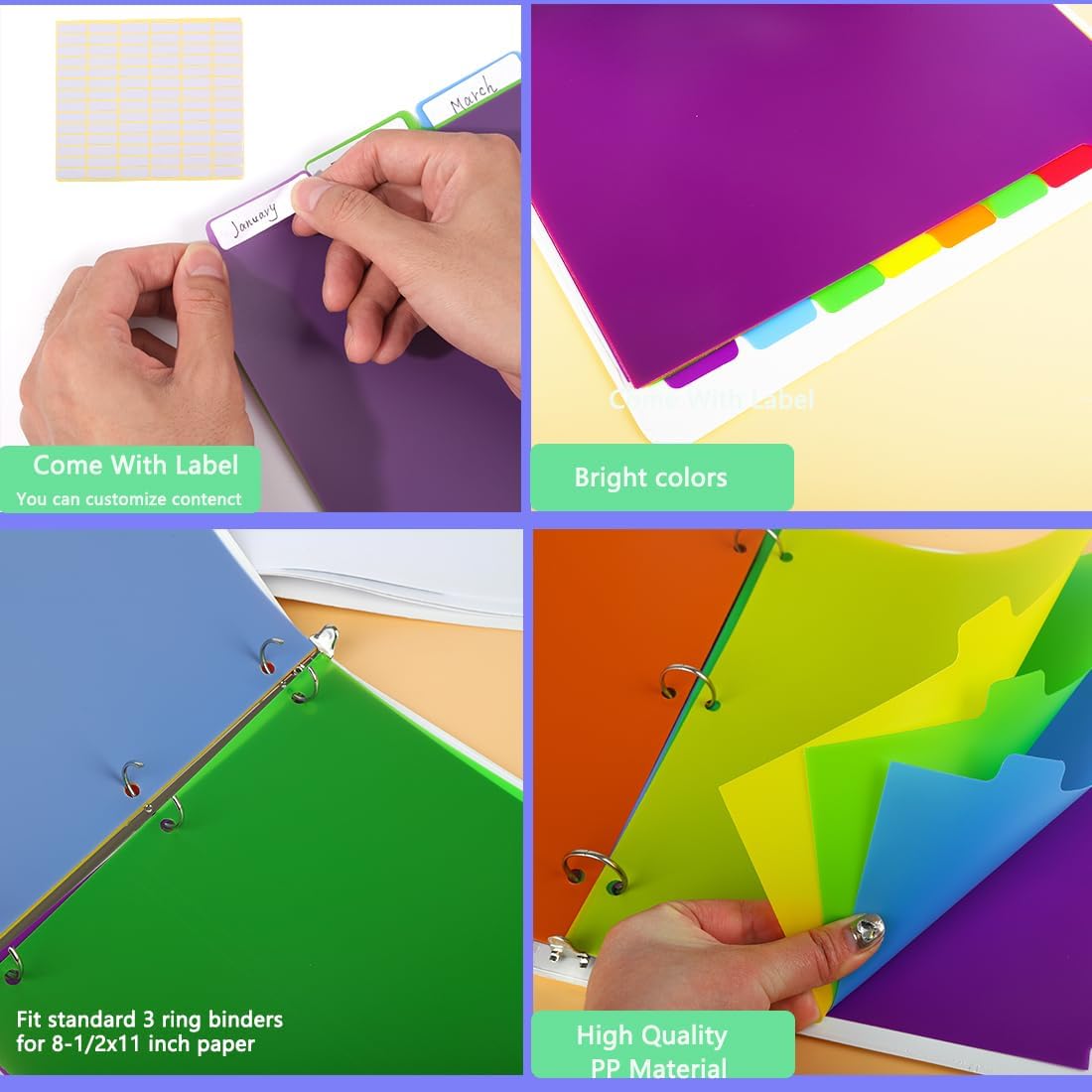 6 Sets 5 Tab Binder Dividers, Plastic Binders Dividers with Tabs Colorful Big Tab Fit Standard 8.5 X 11 Sheets, Dividers for 3 Ring Binder