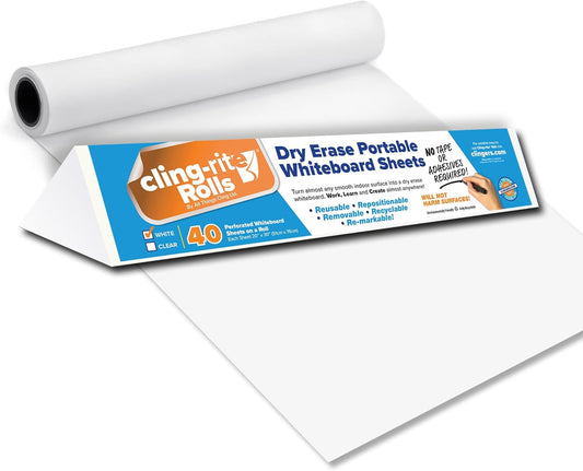Clingers Instant Whiteboards - Repositional Dry Erase Sheets, 40 Whiteboards per Roll, 20x30 Inch, Removable & Recyclable Cling-rite Rolls for School, Office Decor, and Art Projects - American Made