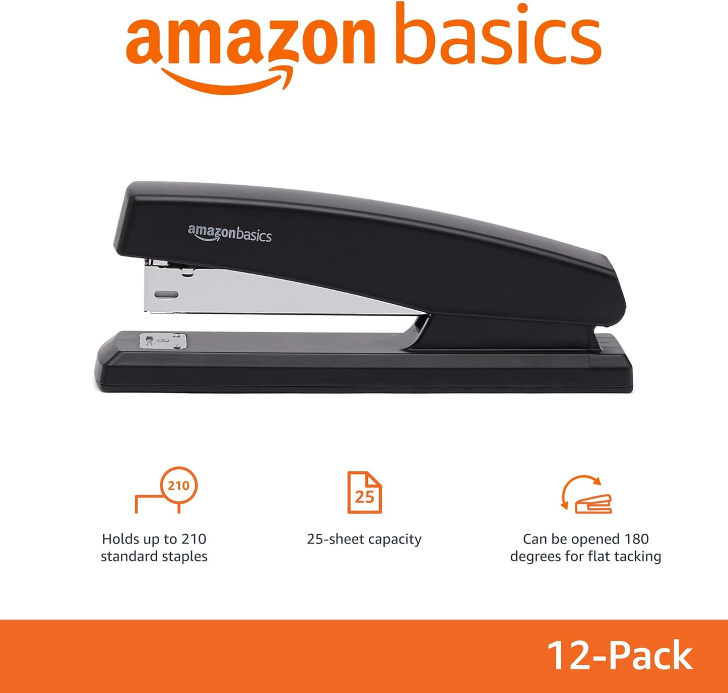 Amazon Basics 25-Sheet Capacity, Non-Slip, Office Desk Stapler with 1000 Staples, Black - Pack of 12