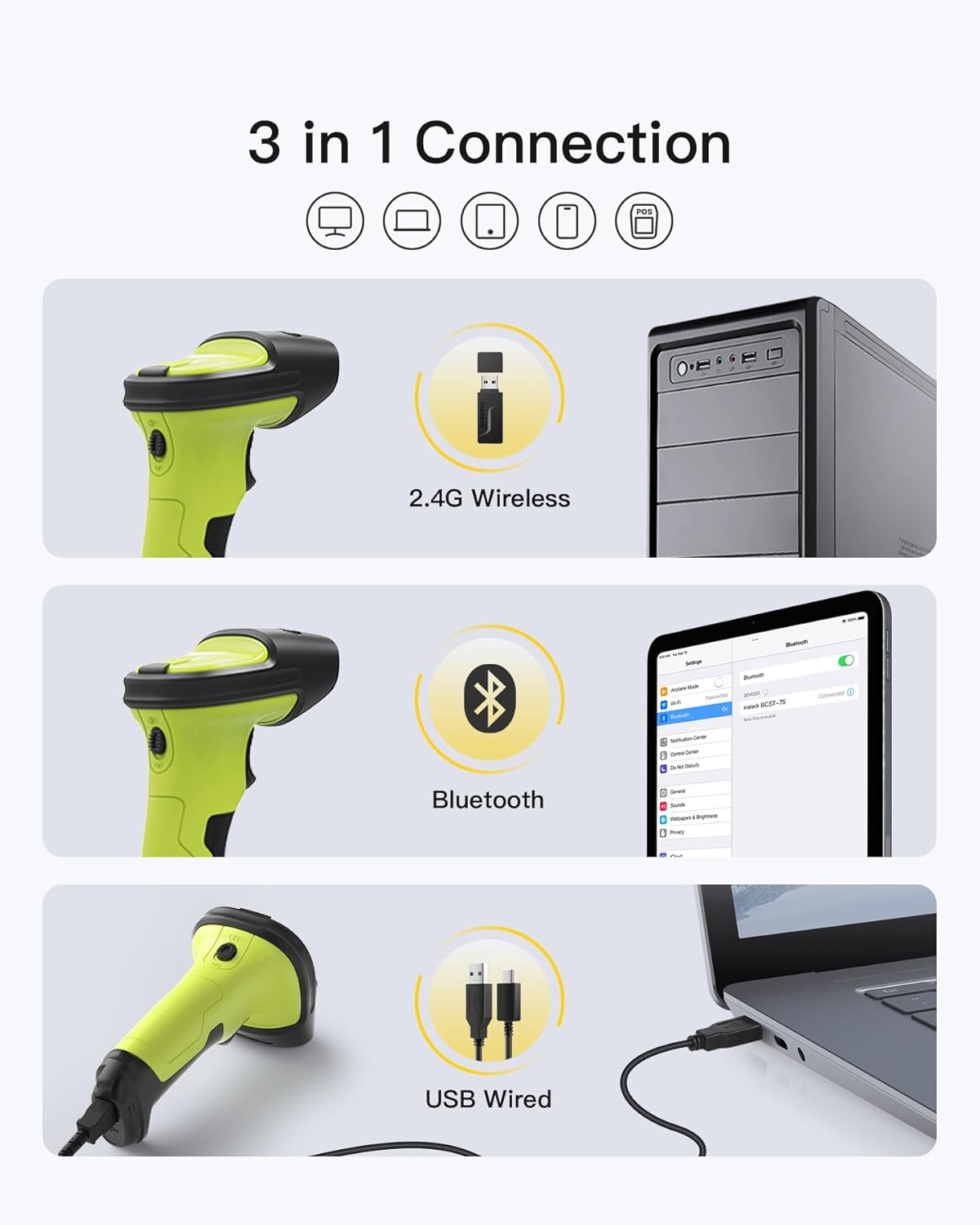 Inateck 2D Barcode Scanner, Wireless Bluetooth QR Code Scanner with AI APP & SDK, 180-Day Battery Life, Fast & Accurate Scanning, Compatible with iOS/Android/Windows, BCST-72 Green