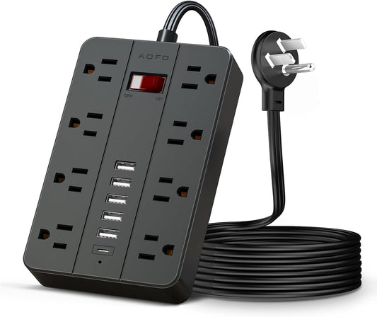 10ft Extension Cord Long Power Strip,AOFO 8 Widely-Spaced Outlets & 6 USB（1 USB C） Ports Flat Plug Power Strip,Power Cord for Wall Mountable and Desktop Black