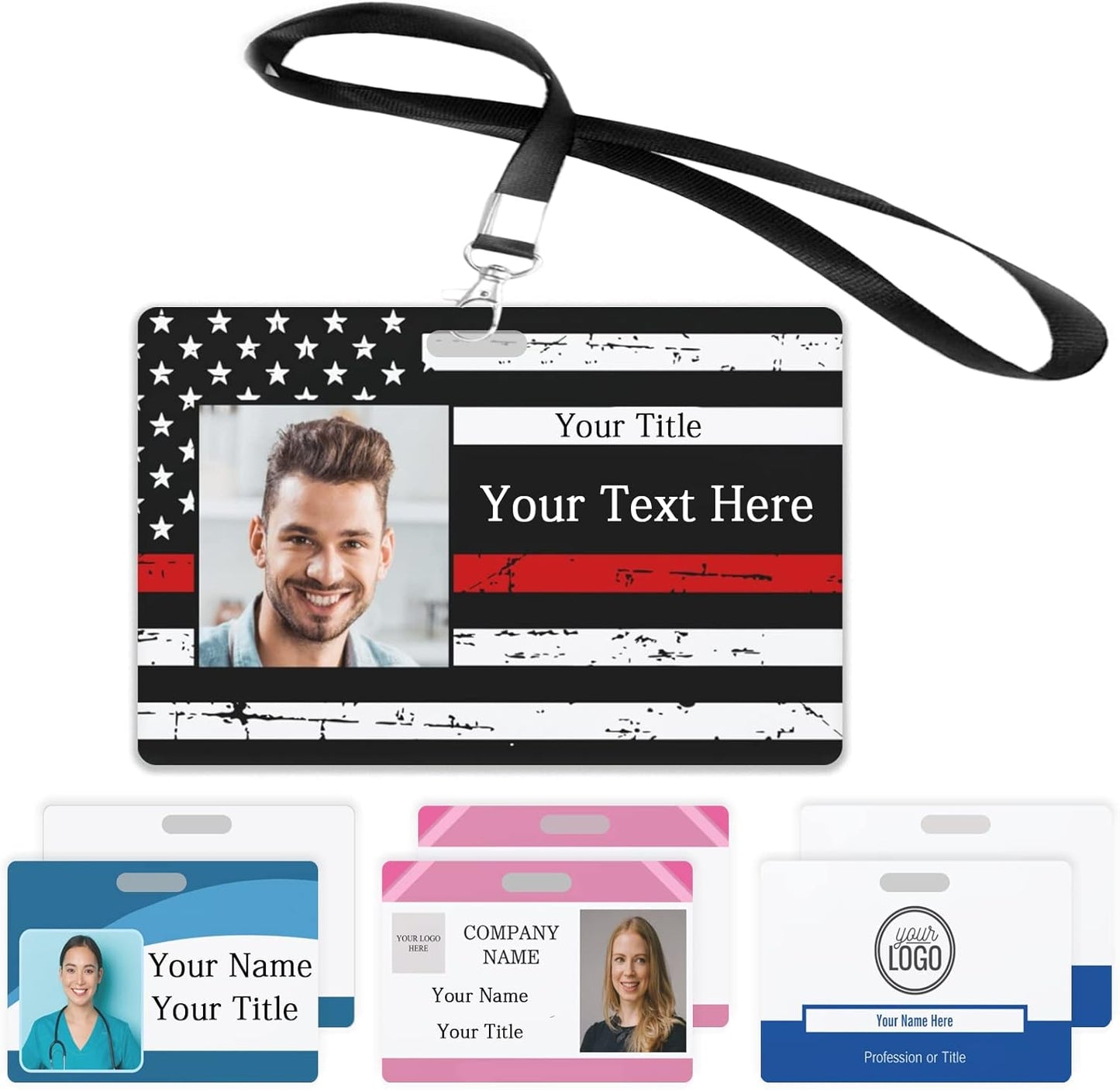 Custom Id Badge, Personalized Employee Photo Identification Card with Lanyard, Durable ID Card for Office Worker Doctor Nurse Student-Horizontal-Template1