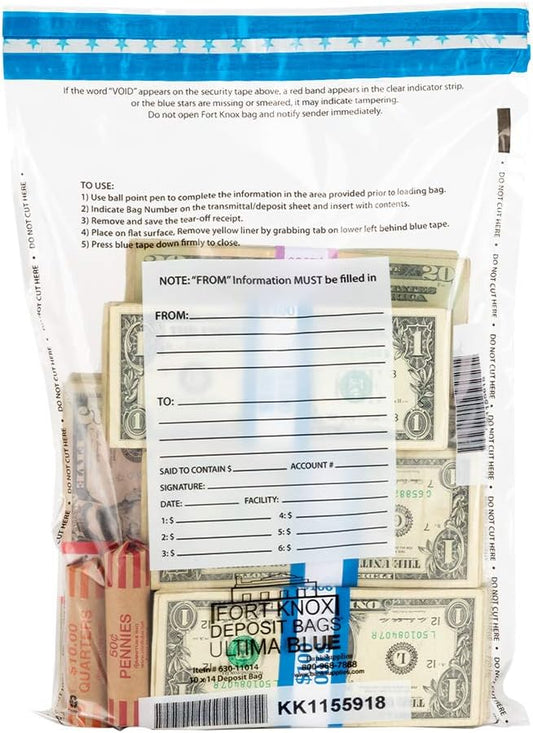 BankSupplies Ultima Blue Clear Deposit Bags | 10W x 14H | Pack of 100 | Transit, Transfer, Valuables | Tamper Evident Tape | Captive Flap Closure | Security Deposit Bag