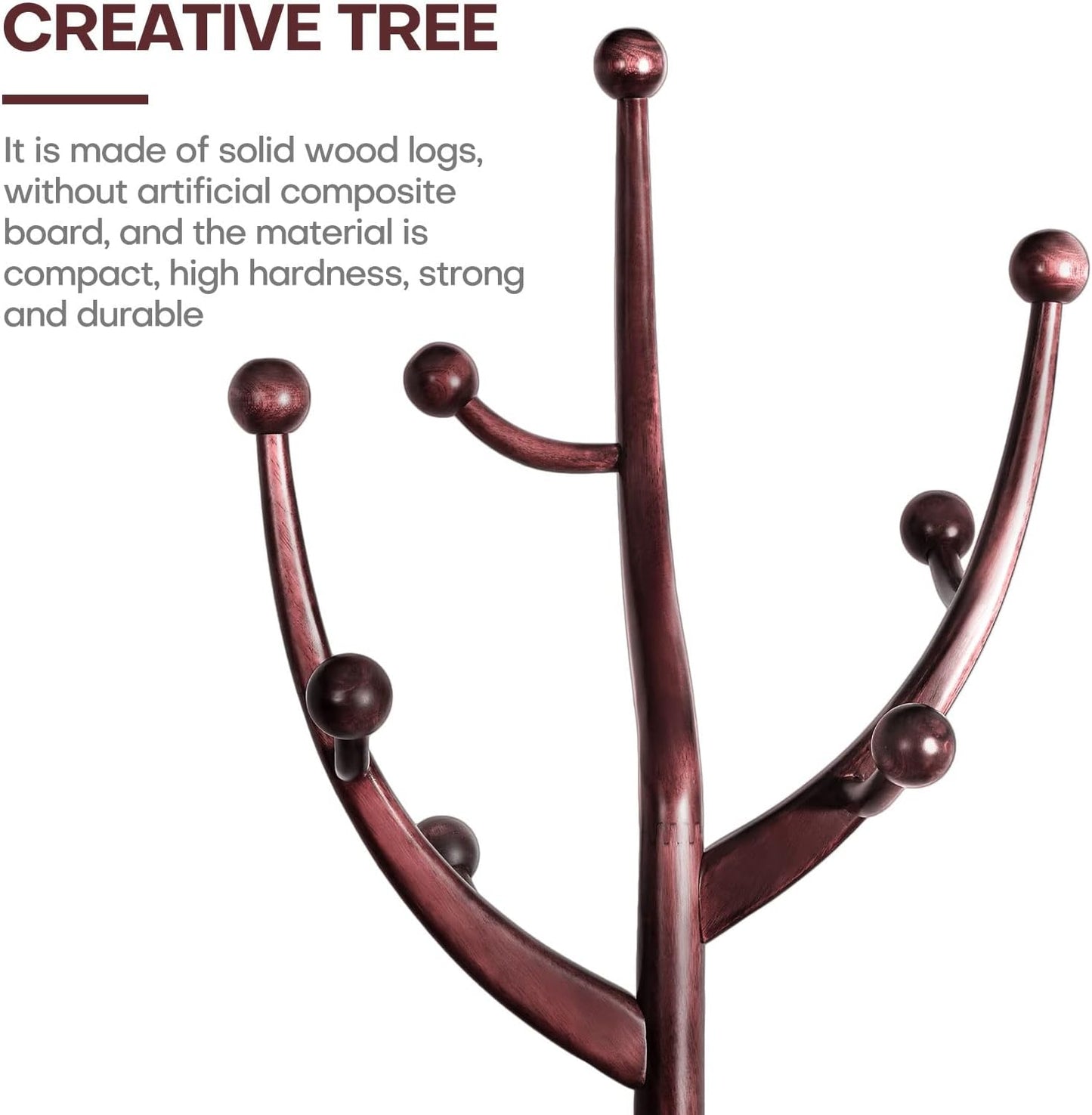 Coat Rack Freestanding Wood Tree Rack with 8 Hooks, Creative Design Tree Branch-look, Coat Tree Clothes Hanger Stand with Stable Sphere Base for Entryway, Hallway, Bedroom (Wine Red)
