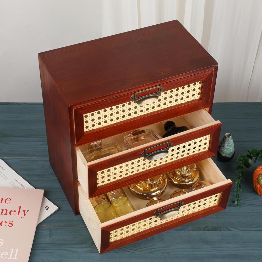Desktop Drawers Organizer Card Catalog Drawer Card Cabinet Small Wooden Drawers Vintage Wooden Box with Drawers Boho Desk Organizers Library Card Catalog Cabinet (RATTAN-BROWN)
