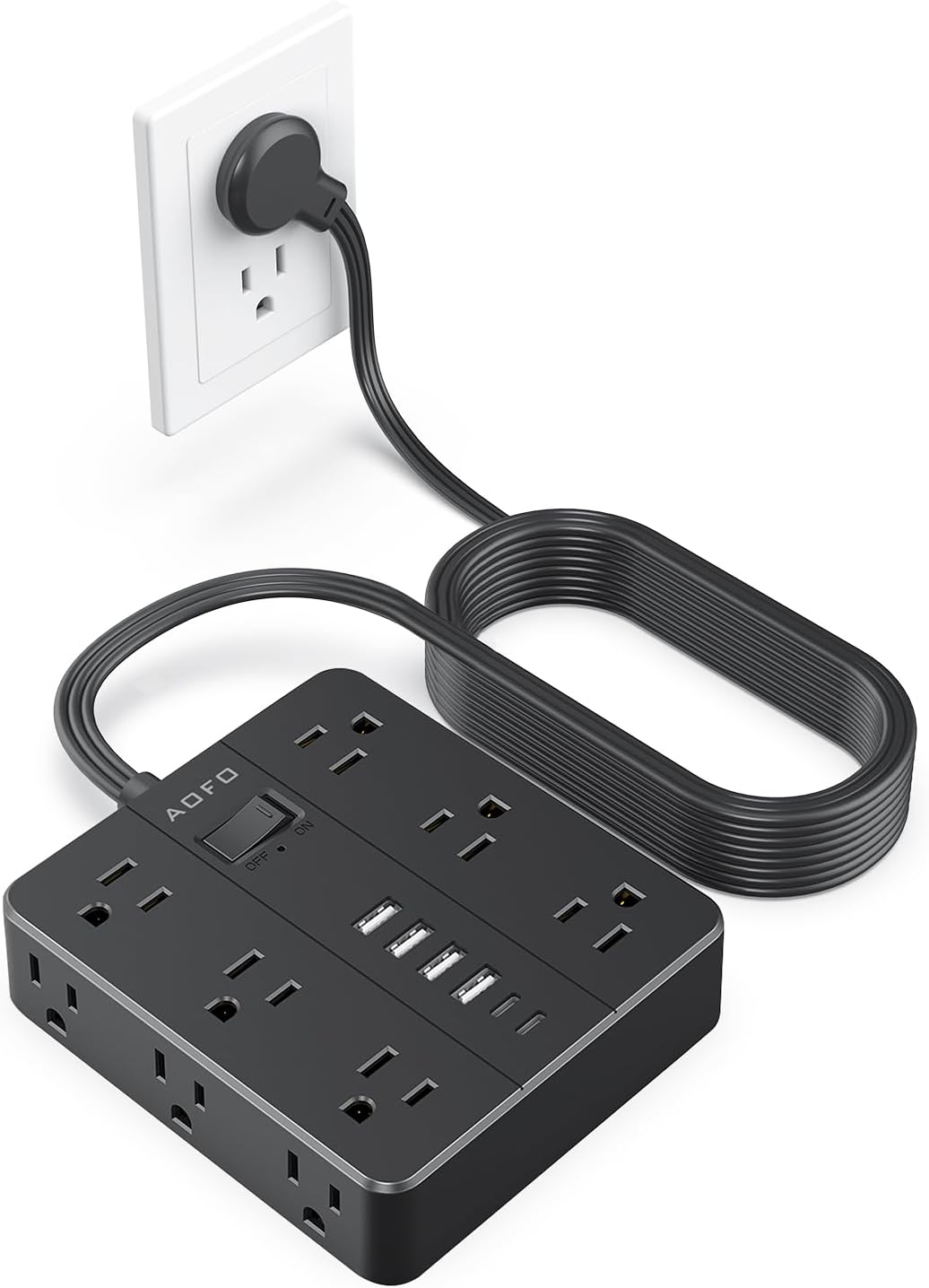 15FT Surge Protector Power Strip,12 AC Outlets with 6 USB Ports (2 USB-C), Flat Plug Extension Cord with Multiple Outlets, Wall Mount for Home Office,Dorm, Black