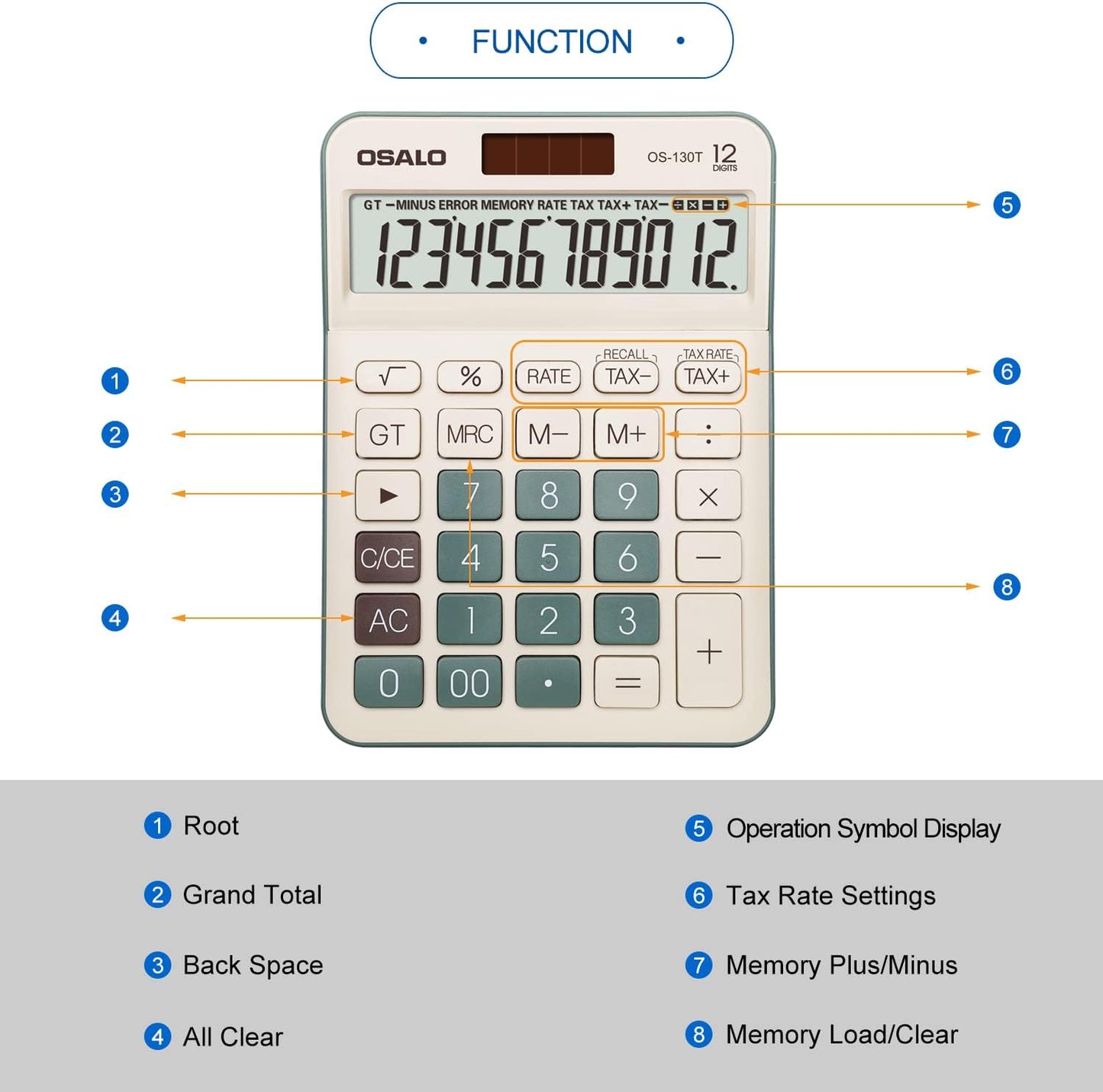Desktop Calculator Large LCD Display 12 Digit Number Big Button Tax Financial Accounting Calculator, Battery and Solar Powered, for Desk Office Home Business Use(OS-130T Green)