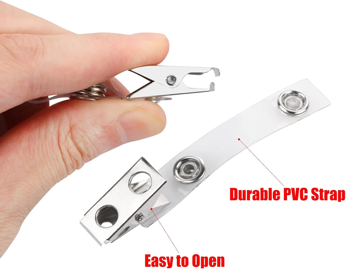 CABAX 30 Pcs Double Hole Metal Badge Clips with PVC Straps, ID Strap Clip Adapter ID Badge Clips for Badge Holders,Office,School, Clear