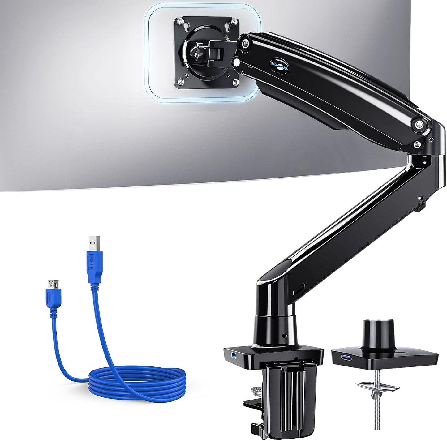 HUANUO Single Monitor Arm for 40 inch Screens, Ultrawide Computer Monitor Mount Holds 26.48 lbs, Upgraded Adjustable Stand with USB, C-Clamp & Grommet Base, VESA 75x75 or 100x100mm