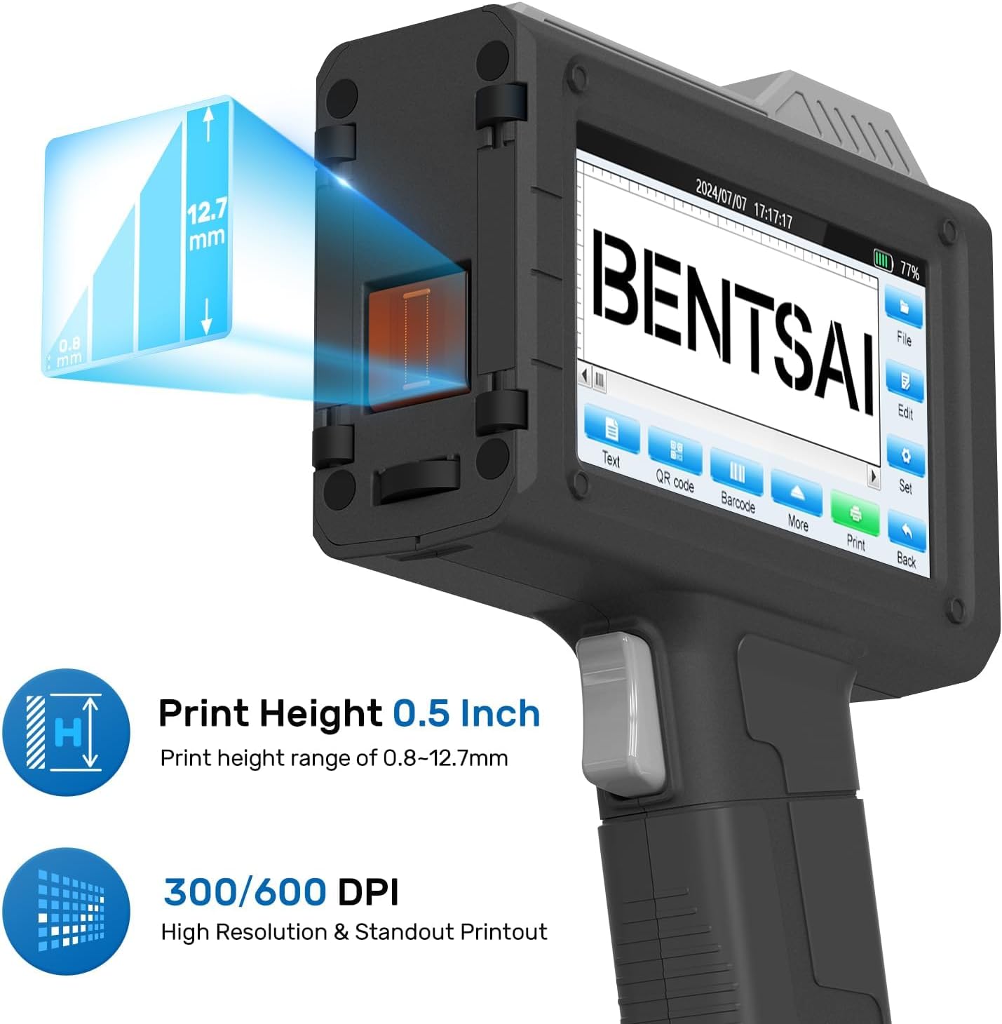 BENTSAI Handheld Inkjet Printer BT-HH6205B Newly Upgraded with 16H Long Endurance 0.5Inch Use for Batch Number Date Code Logo Serial Number Barcode QR Code on Plastic Cardboard Wood Metal Clothes
