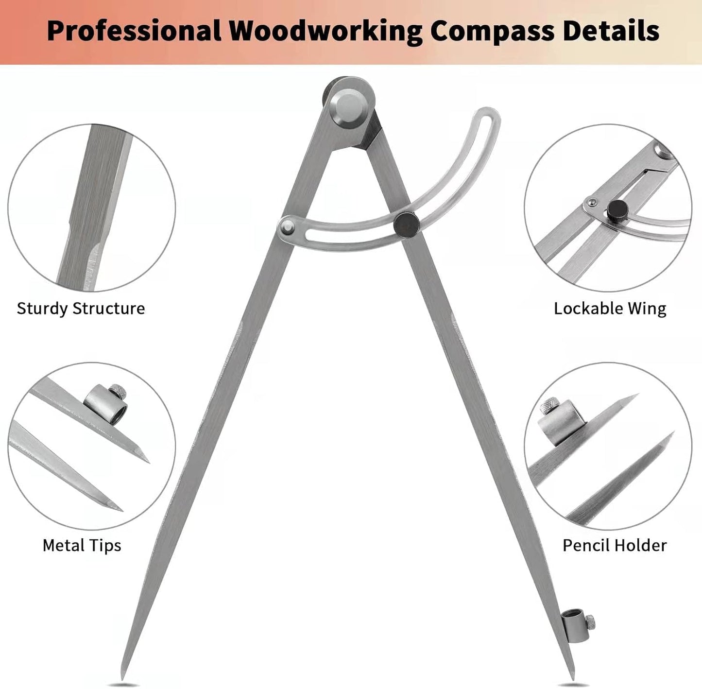 12 inch Compass for Geometry, Compass for Woodworking, Precision Woodworking Compass with Wing Divider and Pencil Holder, Large Compass for Geometry, Woodworking Compass, Drafting, Drawing Compass