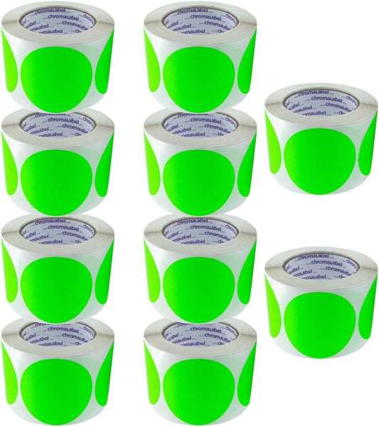 ChromaLabel 3 Inch Round Sticker Labels, High Visibility Permanent Sticky Dots Color Coding Label, Easy to Write On Color Coded Stickers - 500 Colored Labels per Roll - Fluorescent Green - Case of 10