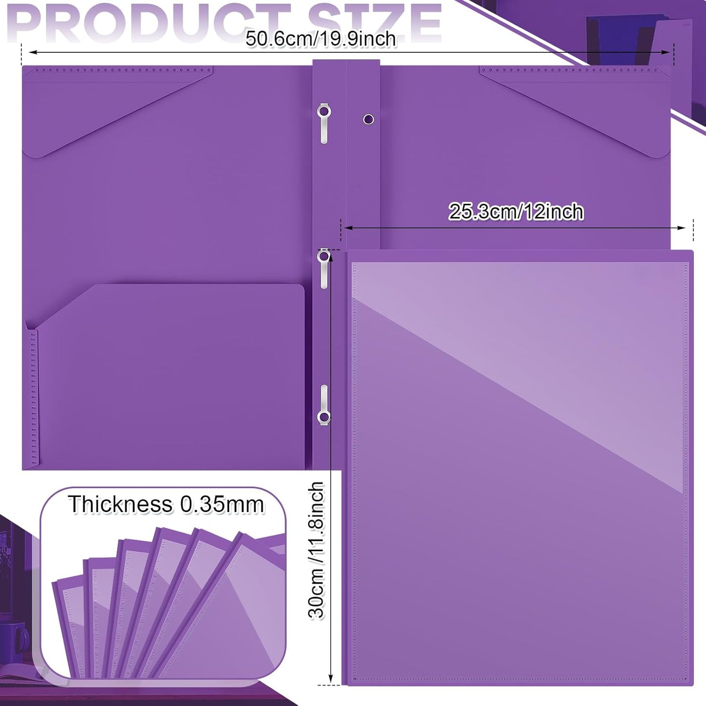 Henoyso 100 Pcs Plastic Folder with Clear Front Pocket and 3 Prong Plastic Folders with Card Slot Pocket Folders with Prongs for School Office (Purple)