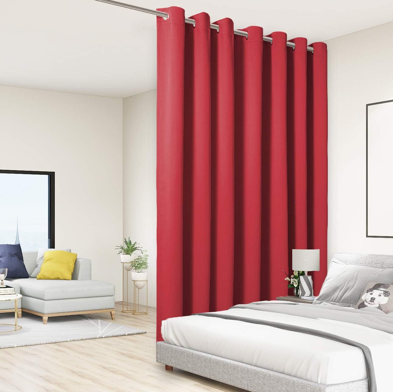 BONZER Wide Room Divider Black Curtain Total Privacy Wall Room Darkening Grommet Curtains for Shared Room, 84L x 108W Inch (7L x 9W ft), 1 Panel, Red