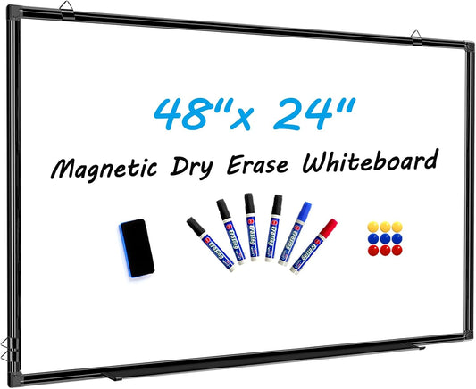 H-Qprobd 48"x24" Magnetic White Board Dry Erase Wall Mount Whiteboard - Office Home Classrooms White Board Hanging Writing Board with Black Aluminum Frame
