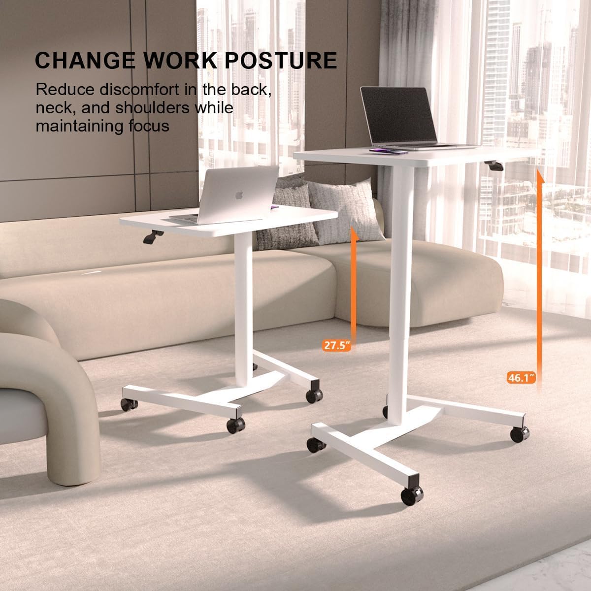28-Inch Mobile Standing Desk Adjustable Height, Portable Standing Desk with Lockable Wheels, Rolling Table for Home Office Classroom Hospital (Snow-White)