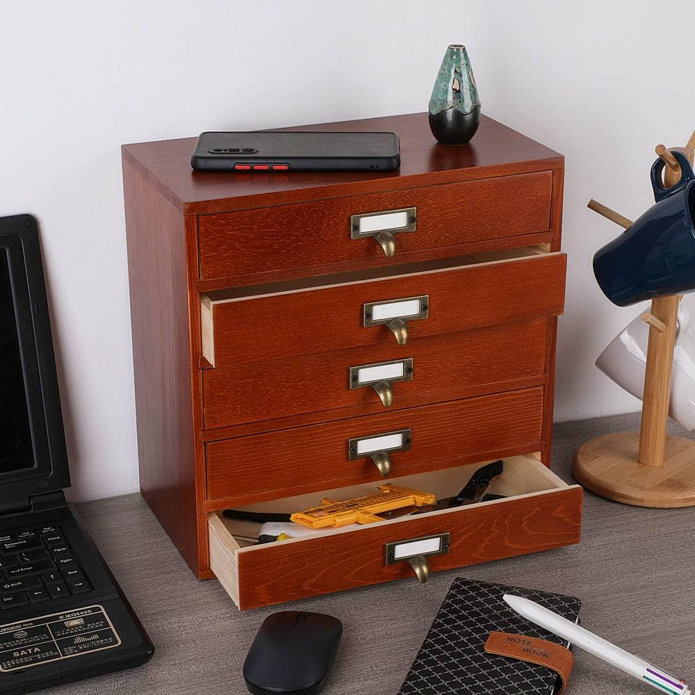 Desktop Drawer Organizer - Wooden Card Catalog Cabinet with Small Drawers - Vintage Rustic Desk Organizer (S-BROWN)