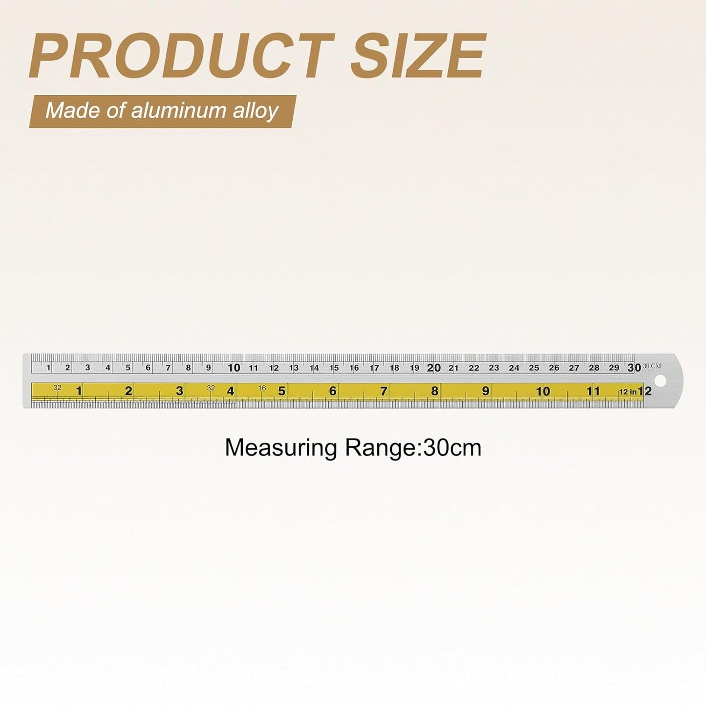 HARFINGTON 2pcs Metal Straight Ruler 30cm Metric SAE Aluminum Alloy Measuring Rulers Scale Tool with Hole for Measure Study Reading Classroom Office, Yellow