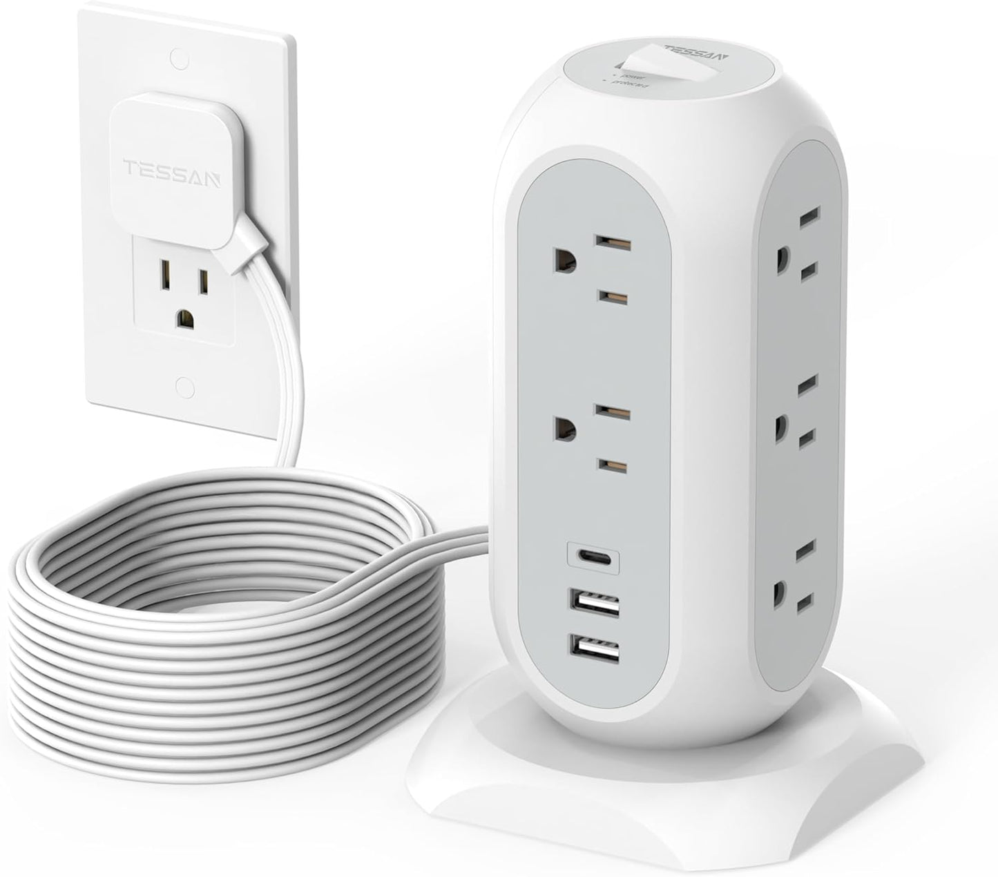 15 ft Extension Cord Tower Power Strip, 11 Outlets 3 USB(1 USB-C) Chargers, TESSAN Surge Protector with Multi Plug Outlet, 1050J Protection, Office Supplies, Desk Accessories, School Dorm Essential
