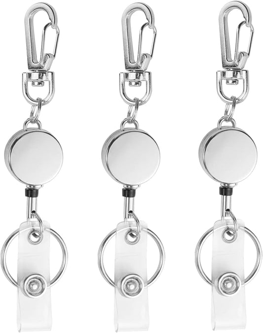 bolimoss 3 Pack Silver Badge Reel Retractable Metal ID Badge Holder with Belt Clip Key Ring for Name Card Keychain for Nurse,Volunteer,Teacher,Student (Silver)