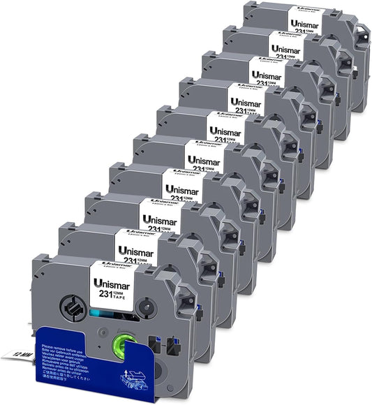 10-Pack TZe-231 Compatible for Brother TZe 12mm 0.47 Inch Laminated White Label Tape Work with Ptouch PTD200 PTD202 PTD210 PTD600 PTD400 PTH100 PTH110 PT1280 Label Maker, Black on White, 26.2Ft (8m)