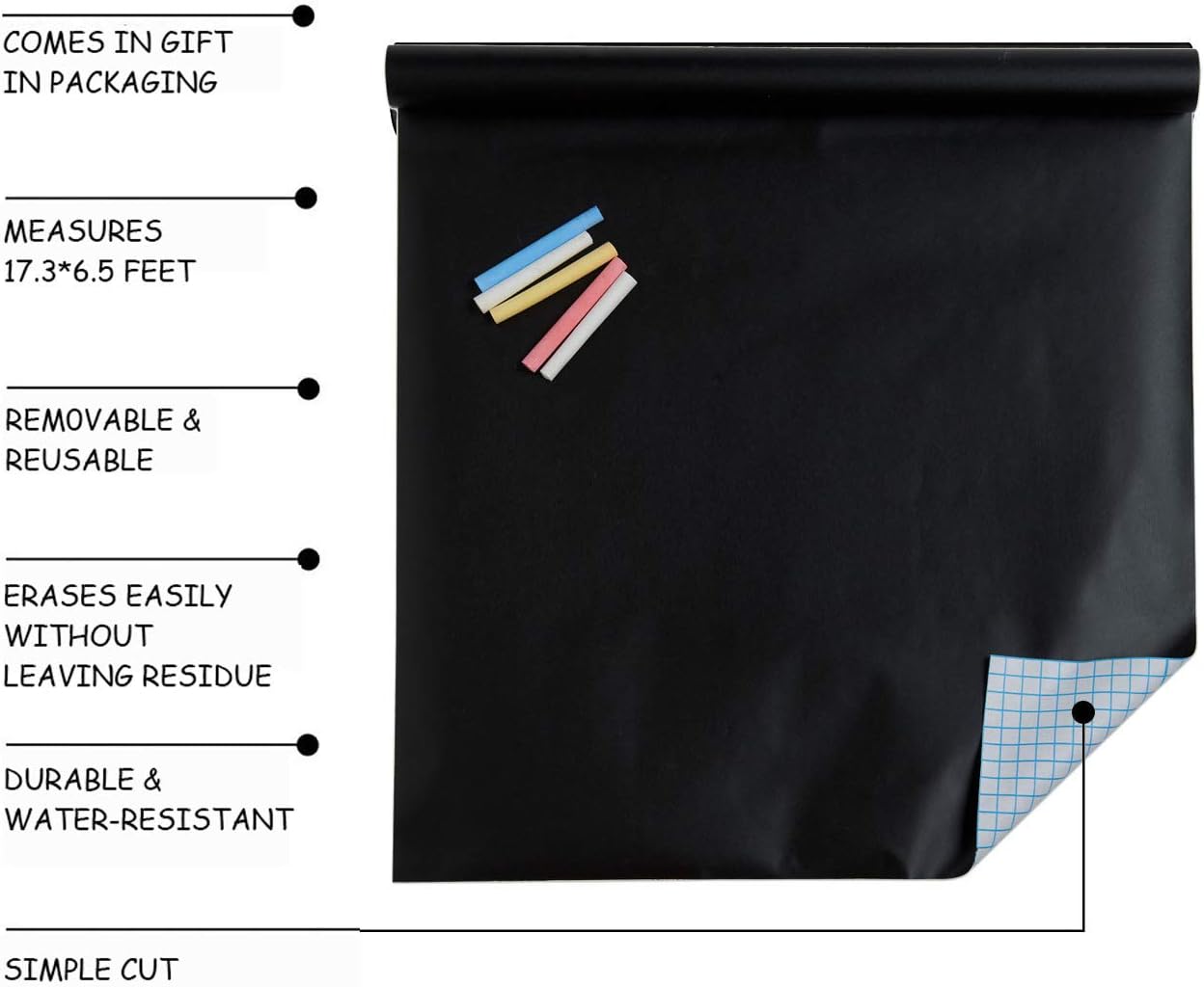 Chalkboard Contact Paper Roll - 17.3” x 78.7” (6.5 Feet) - 5 Chalks Included - Self Adhesive Chalk Paper Removable DIY Blackboard Wall Sticker for School, Office, Home, Art - Black Chalkboard Stickers